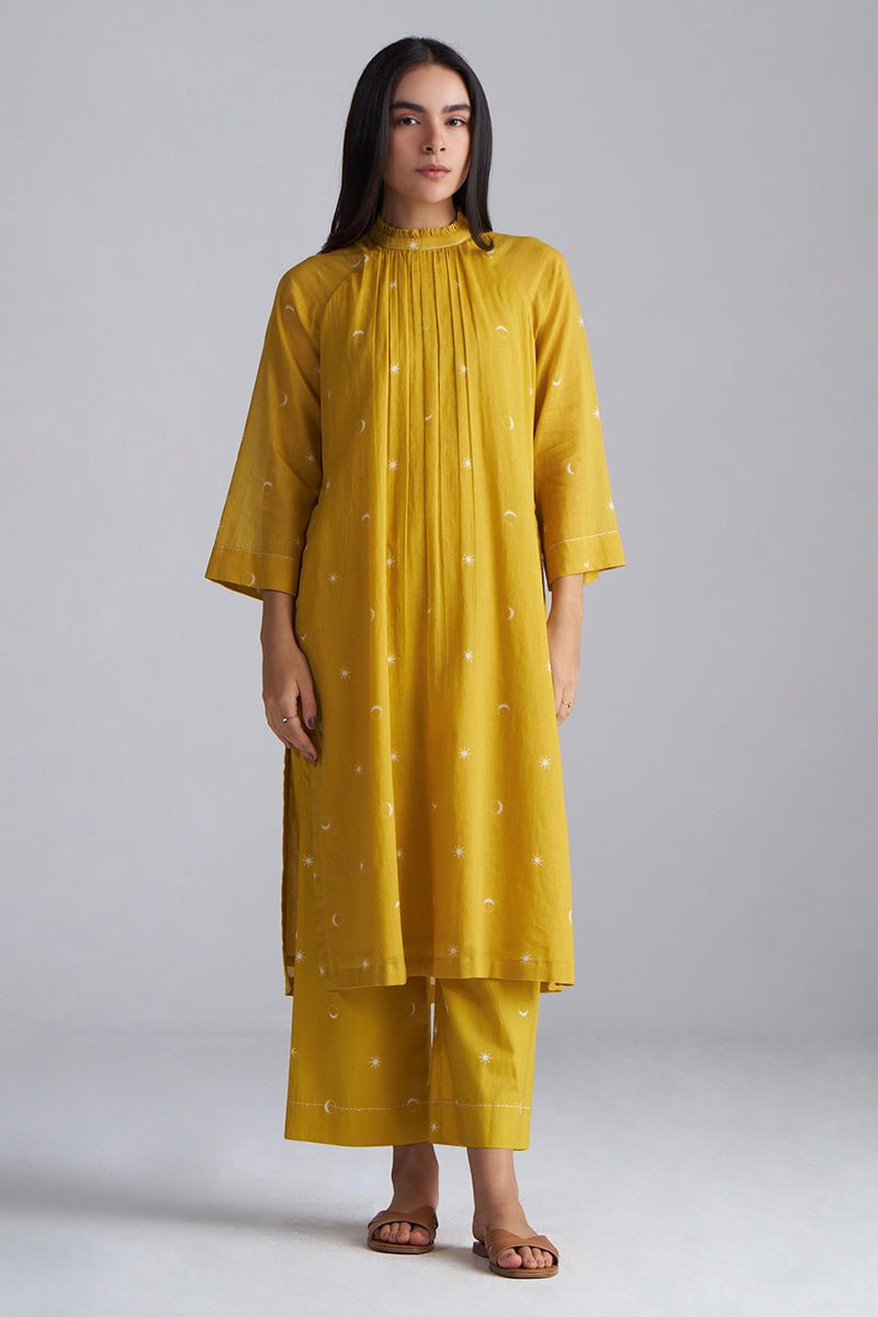 front full body model view Nugget Gold Yellow Mul Mul Co-ord Set for Women