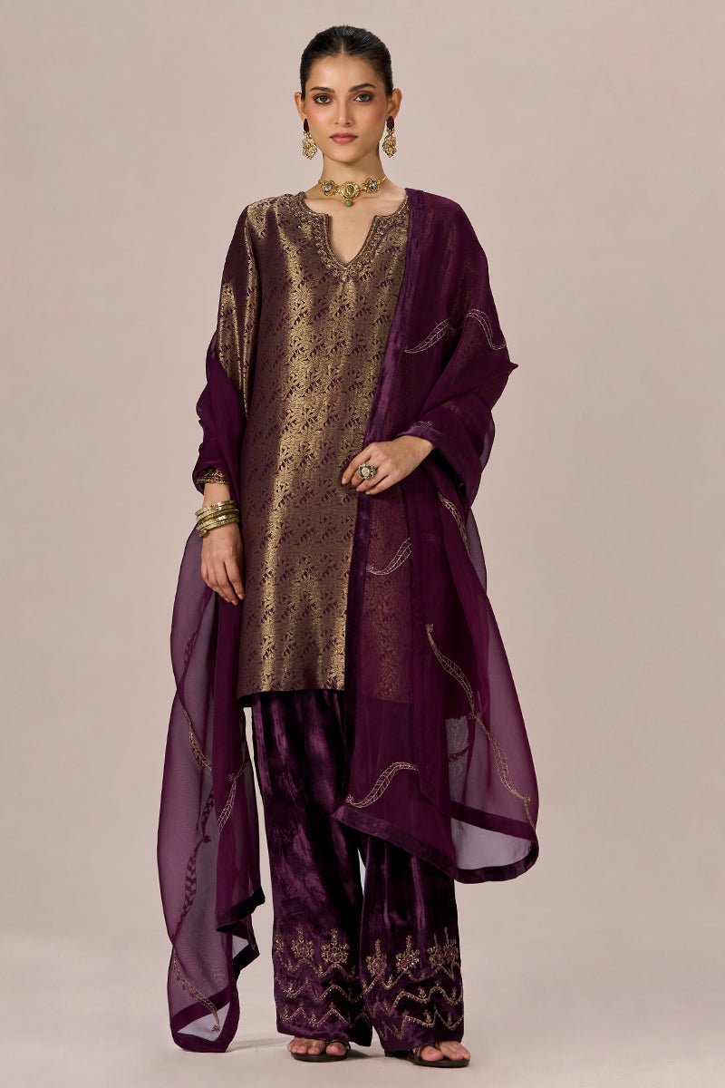 Plum Banarasi Festive Kurta Set - Ganga Fashions