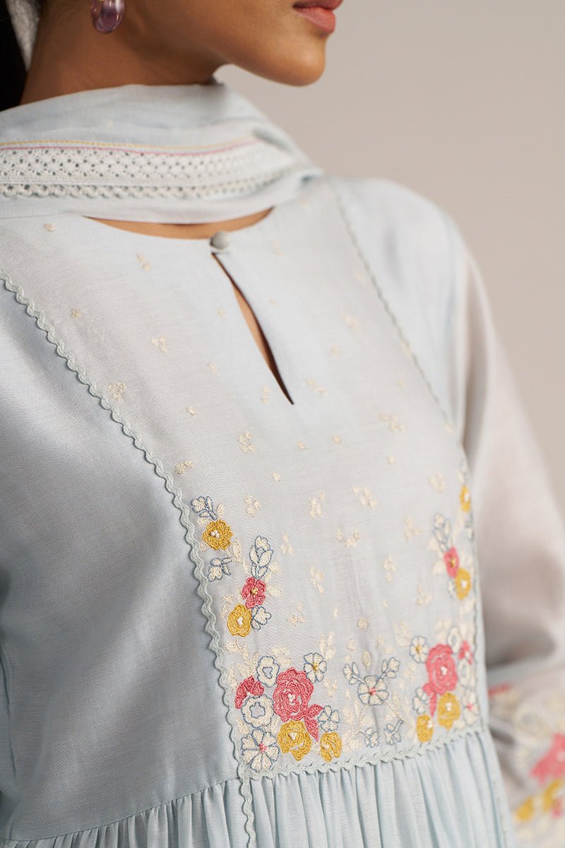Chalk Blue Mul Chanderi Embroidered Kurta Set