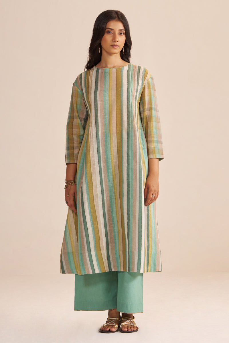 Shades of Teal and Green Stripe Cotton-Linen Co-ord Set - Ganga Fashions