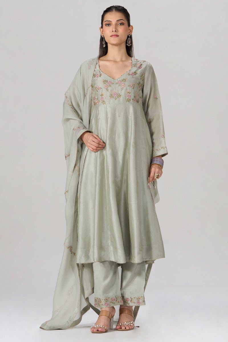 Silver Birch Grey Embroidered Festive Anarkali Set - Ganga Fashions