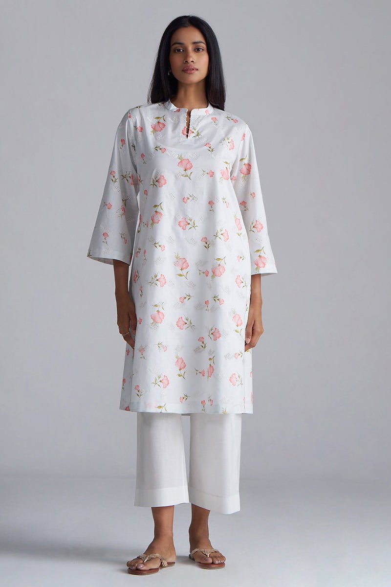 White Print and Embroidered Cotton Co-ord Set