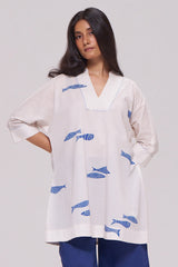 Off-White and Blue Cotton Kurta
