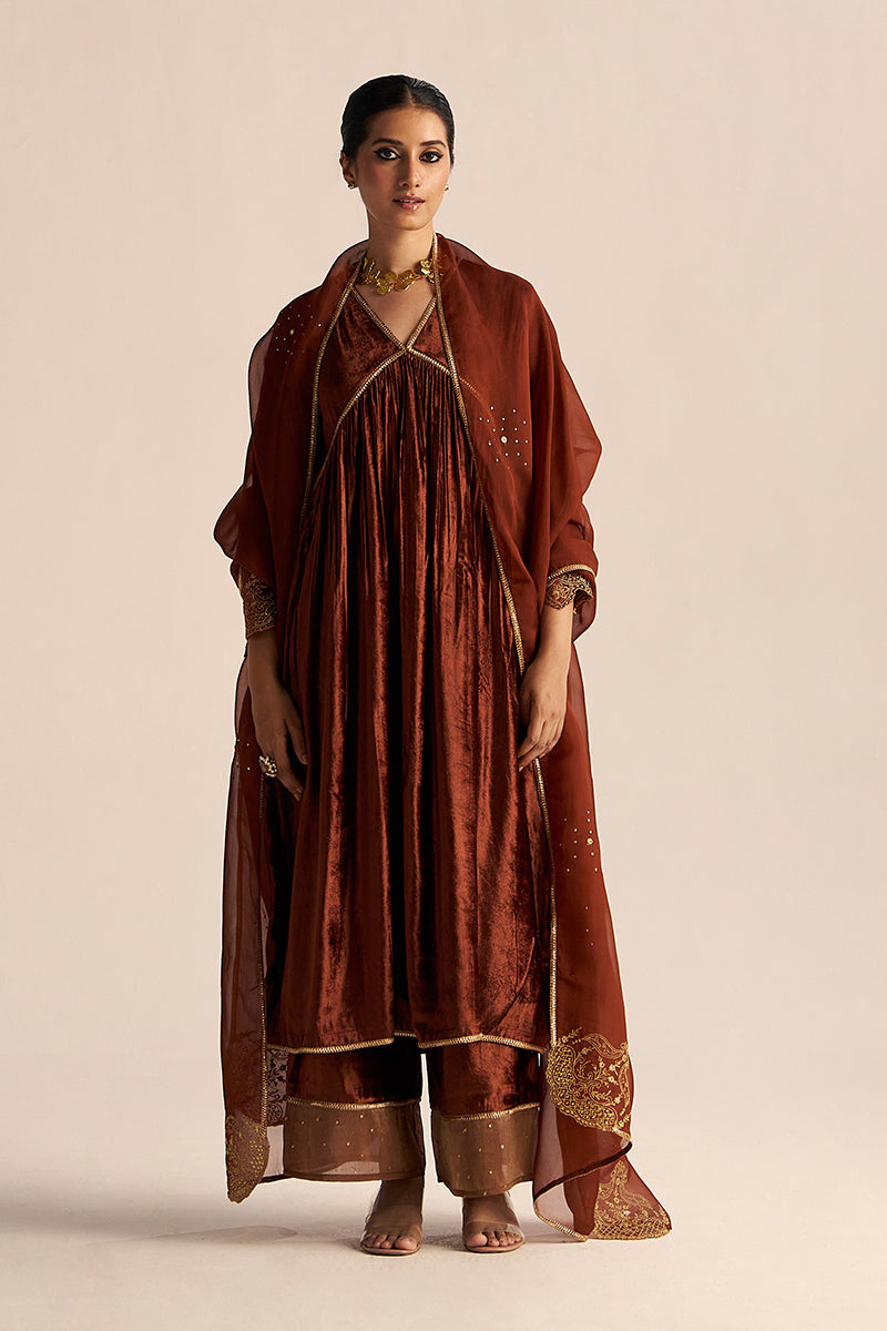 Sequoia Brown Velvet Festive Kurta Set