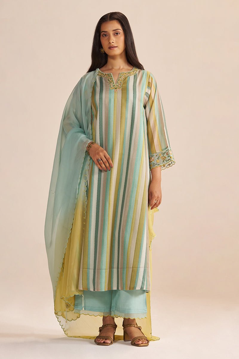 Shades of Teal and Yellow Semi Festive Kurta Set - Ganga Fashions