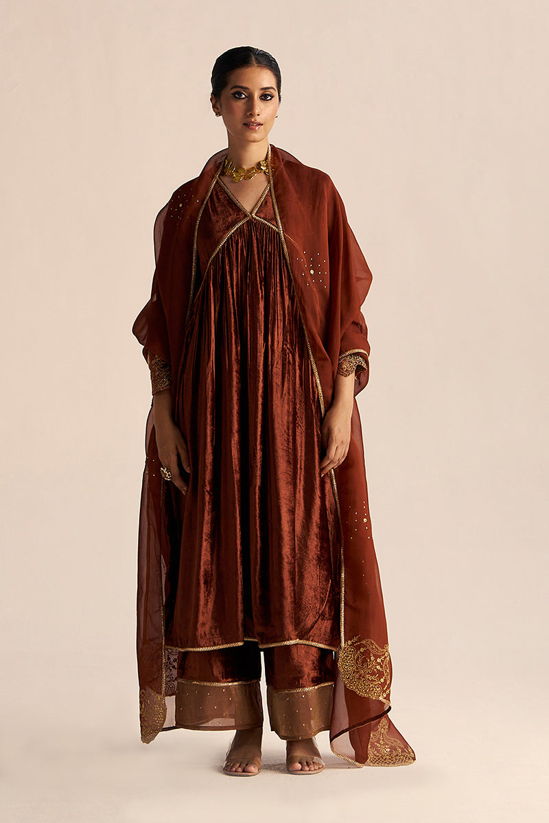 Sequoia Brown Velvet Festive Kurta Set