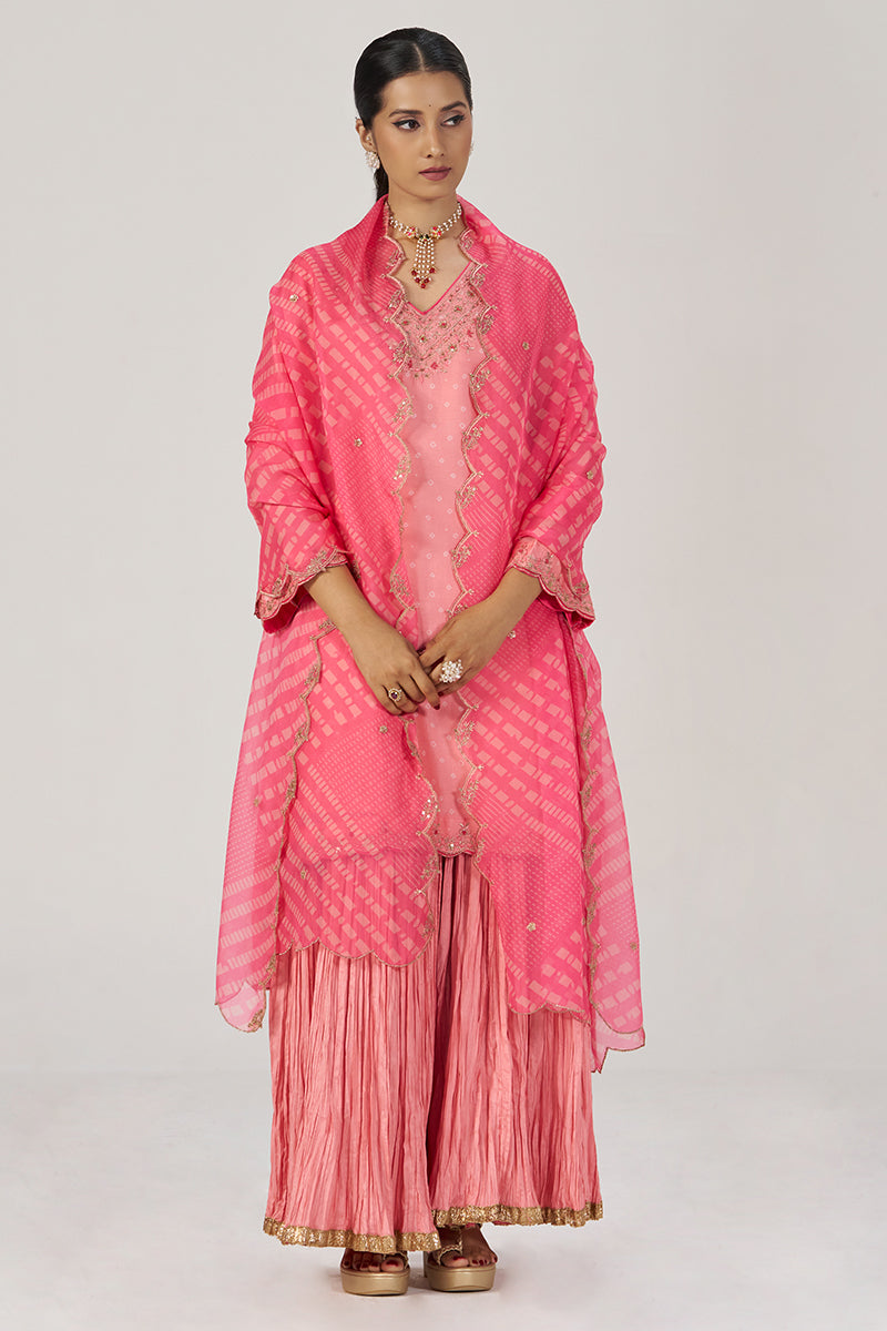 Peach Blossom Festive Bandhani Print Sharara Set