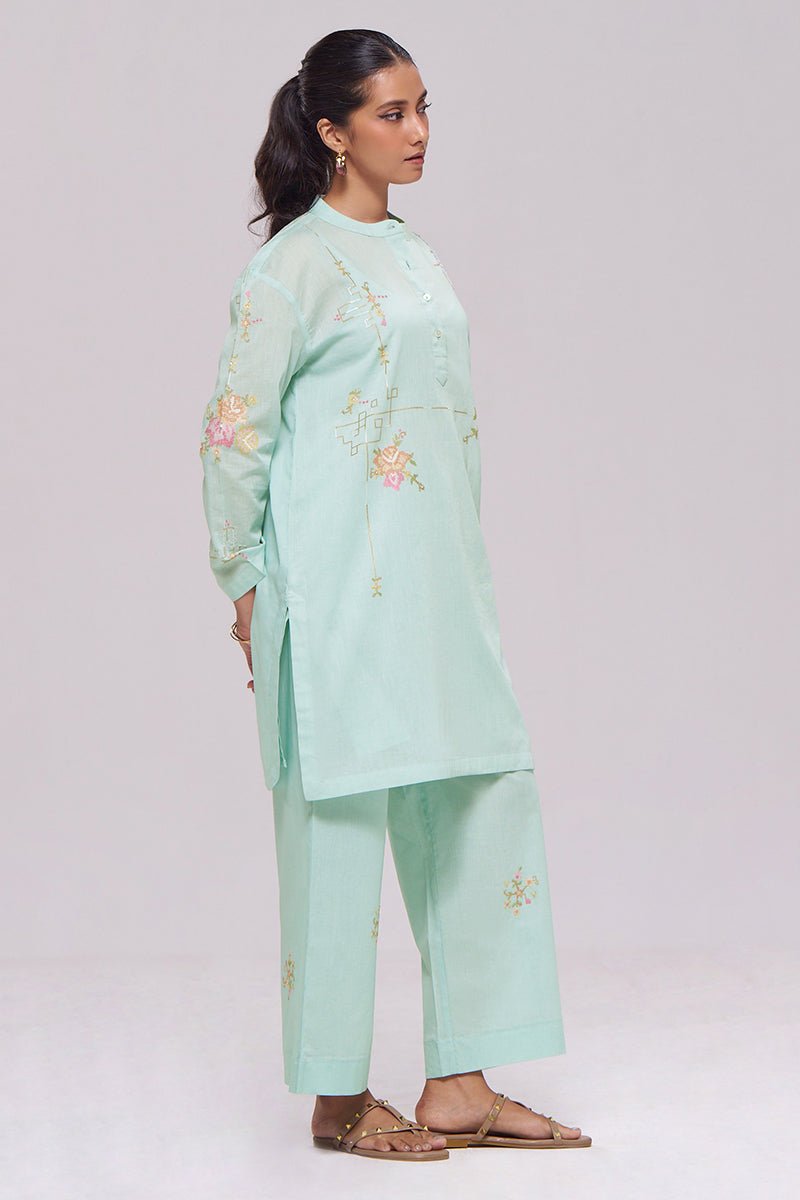 Ice-Blue Mul-Chanderi Co-ord Set - Ganga Fashions