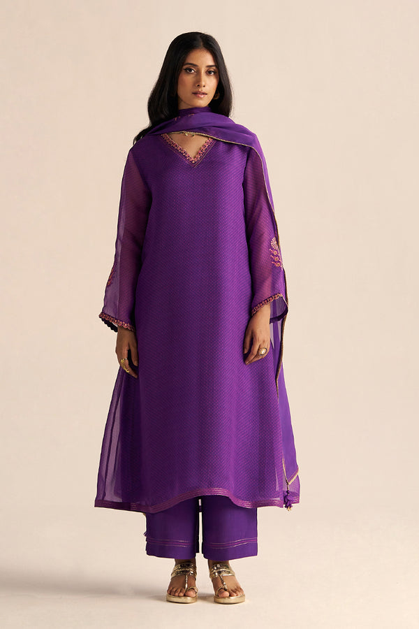full body front view Buy Purple Kora Silk Festive Kurta Set