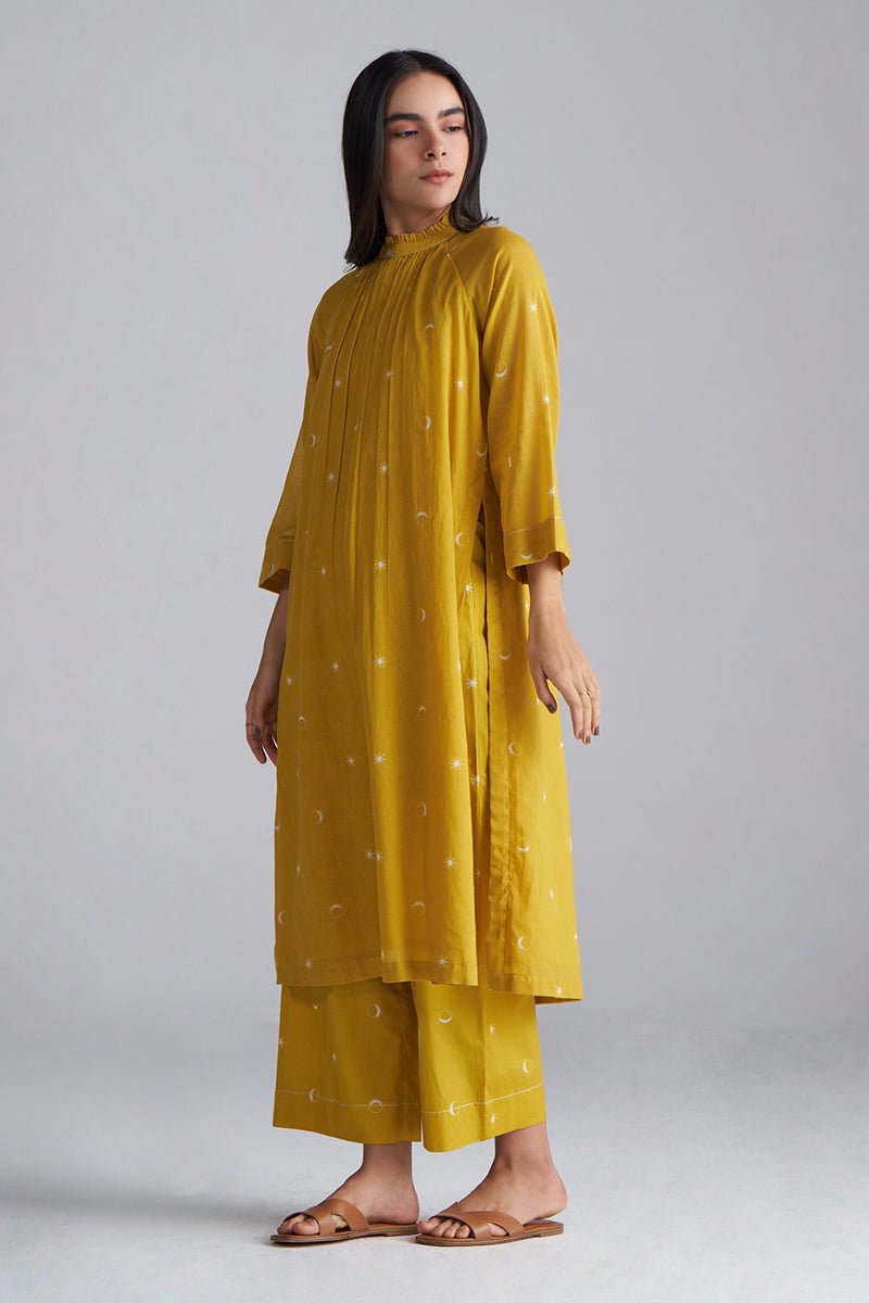 left side model view Nugget Gold Yellow Mul Mul Co-ord Set for Women