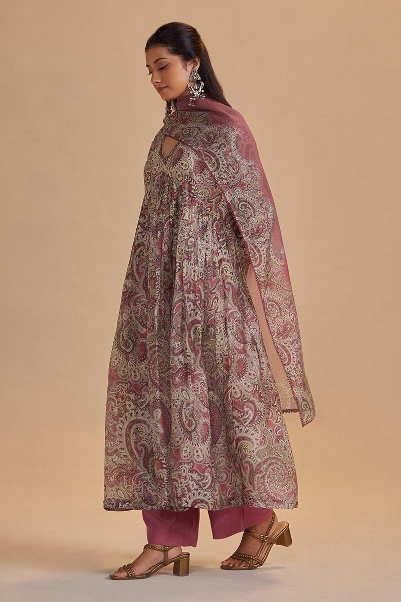 Mauve and Beige Orgenza Silk Kurta Set