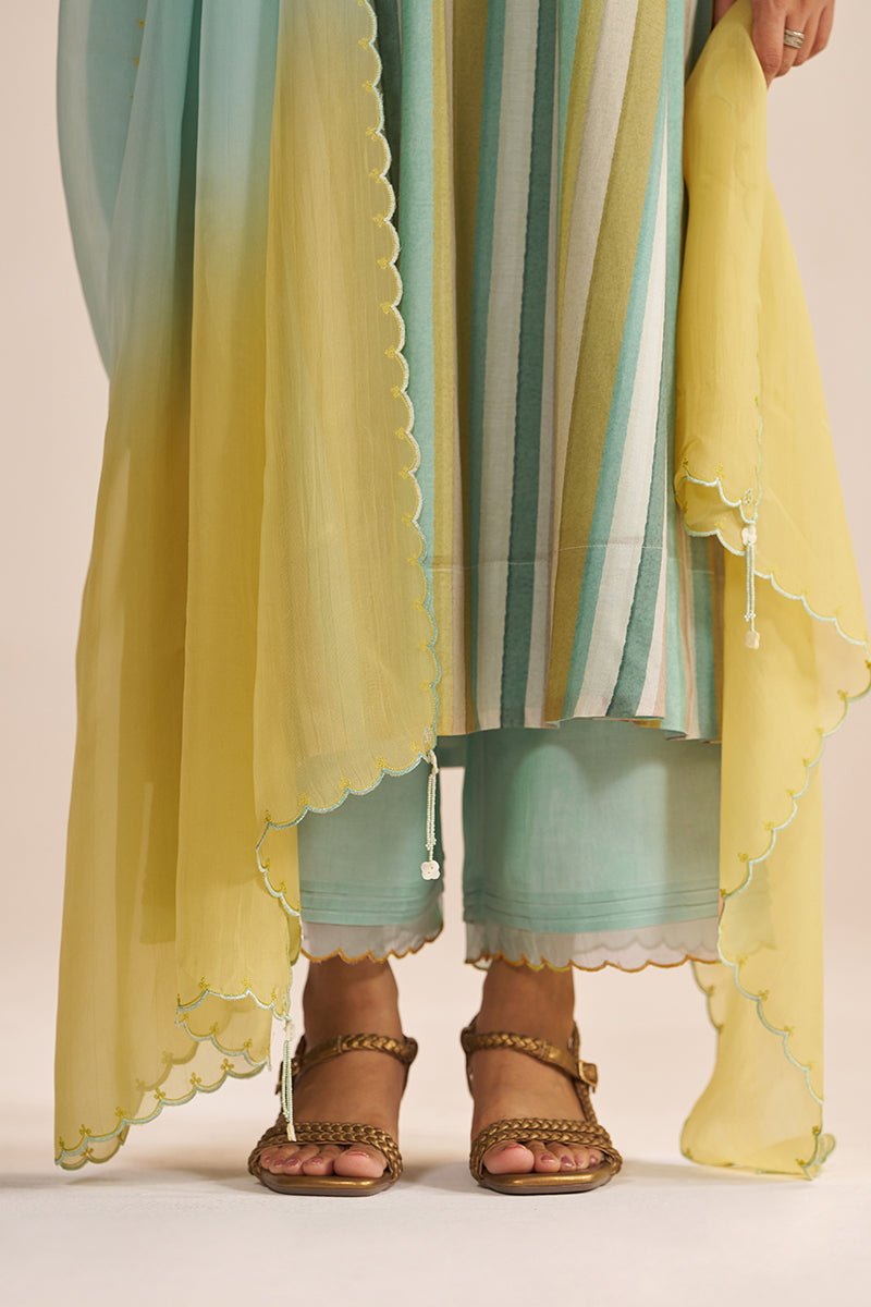 Shades of Teal and Yellow Semi Festive Kurta Set - Ganga Fashions