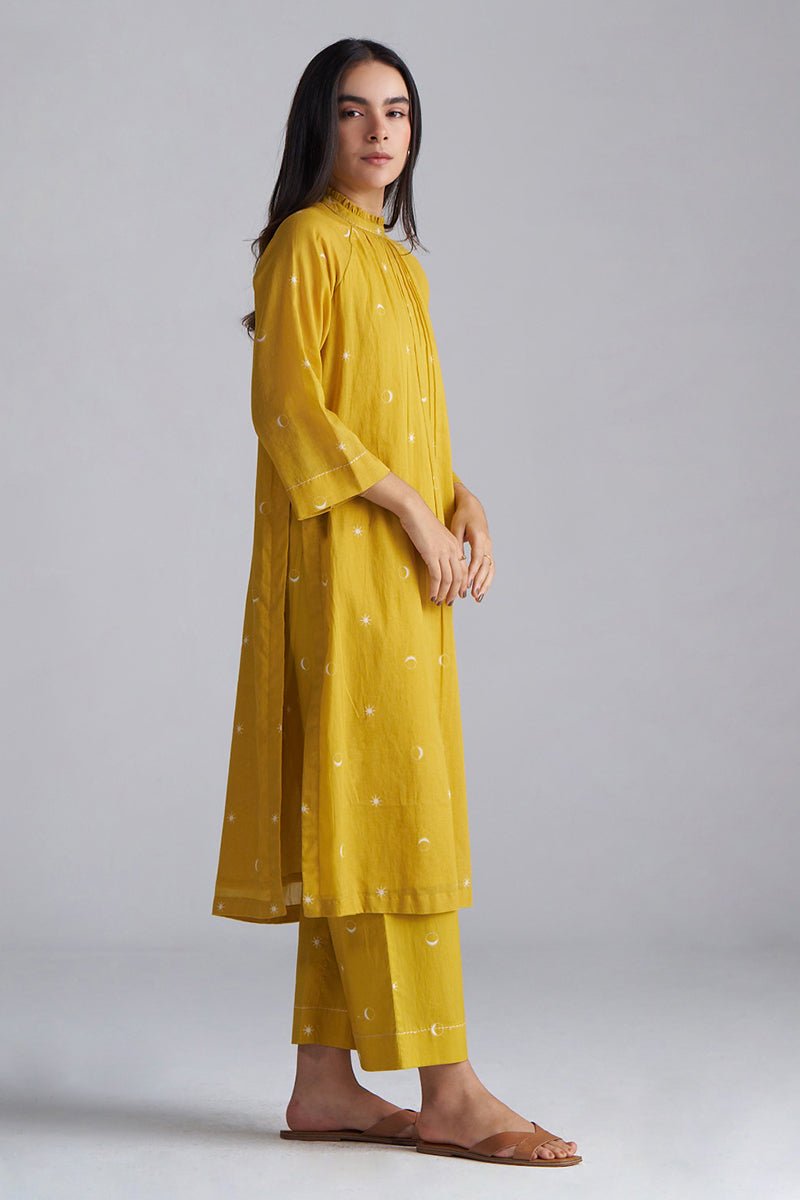 right side full body model view Nugget Gold Yellow Mul Mul Co-ord Set for Women