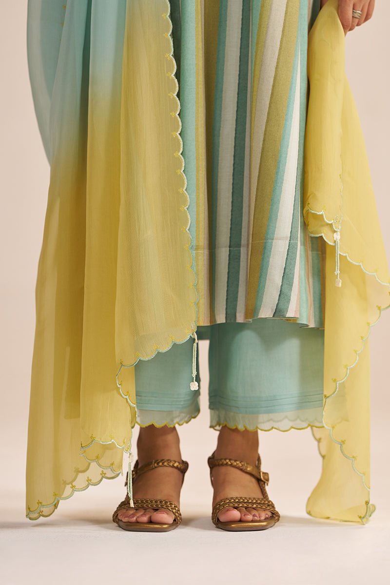 Shades of Teal and Yellow Semi Festive Kurta Set - Ganga Fashions