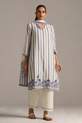 Off-White And Blue Woven-Chanderi Kurta Set