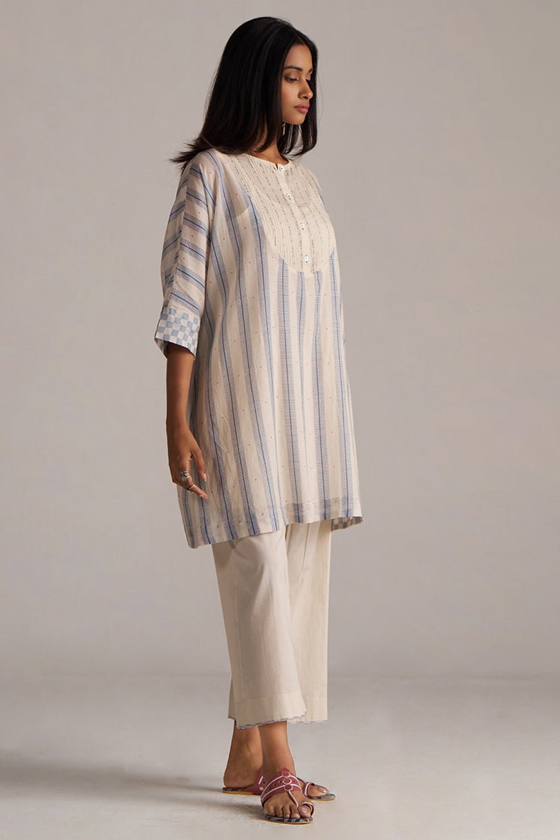 Cream and Blue Mul Chanderi Co-ord Set
