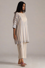 Cream and Blue Mul Chanderi Co-ord Set