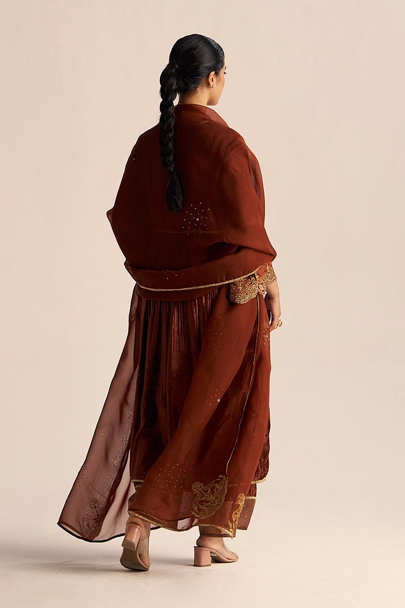 back side full body view Sequoia Brown Velvet Festive Kurta Set