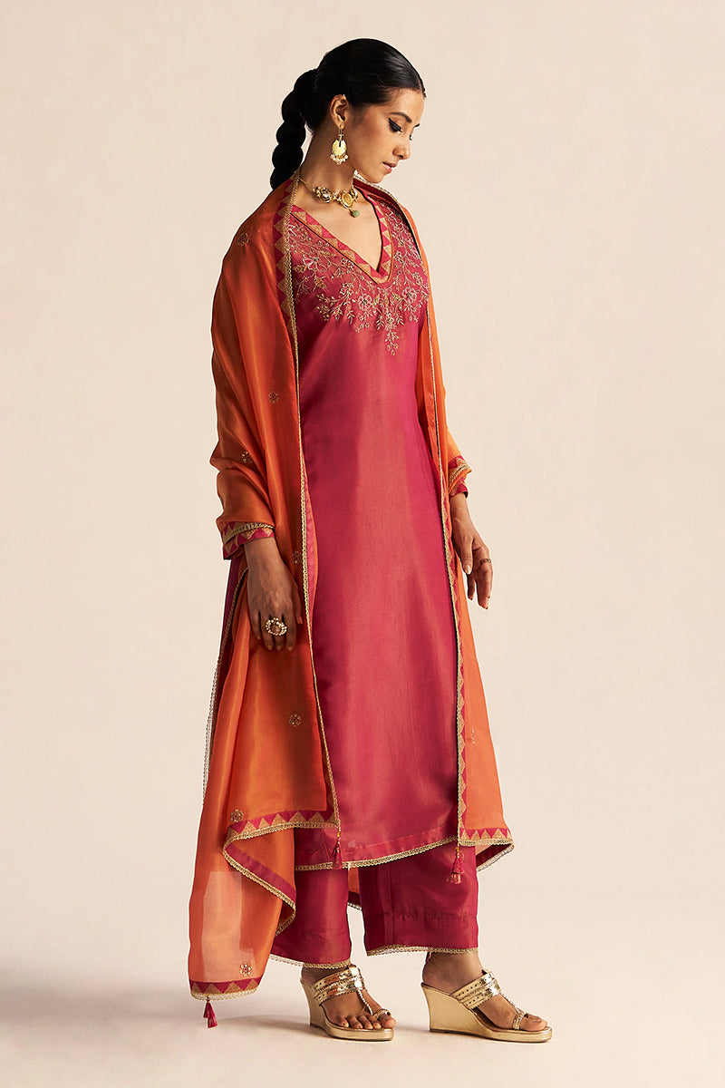 Cherries Jubilee Kurta With Burnt Sienna Dupatta Festive Kurta Set