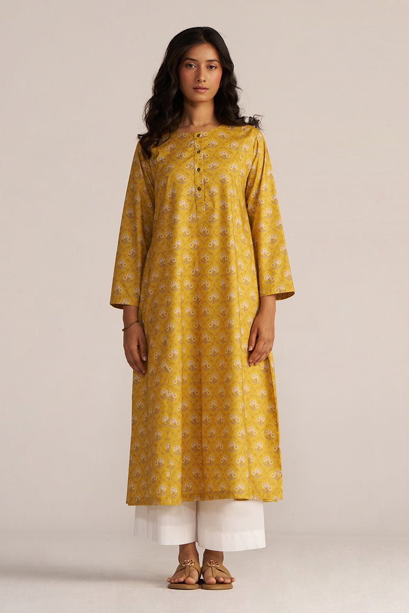 Mustard Yellow Print Cotton Kurta