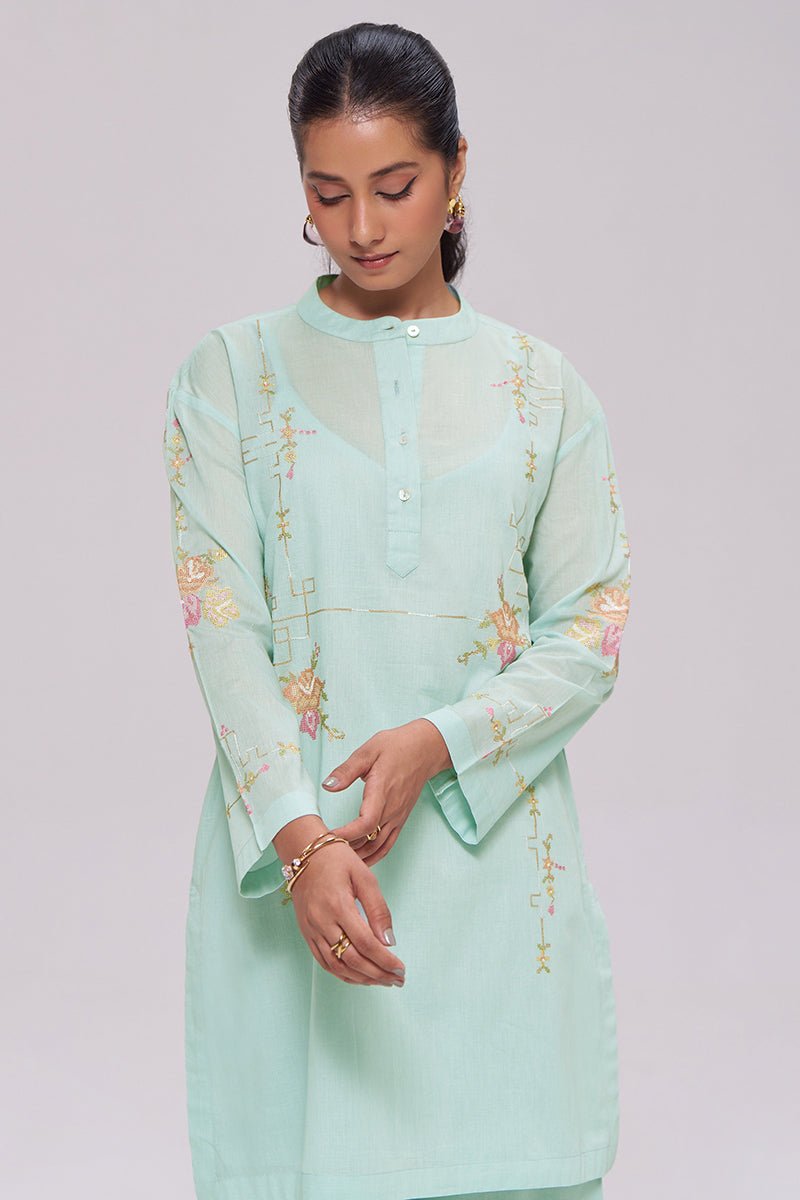 Ice-Blue Mul-Chanderi Co-ord Set - Ganga Fashions