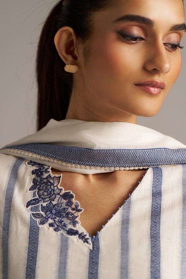Off-White And Blue Woven-Chanderi Kurta Set