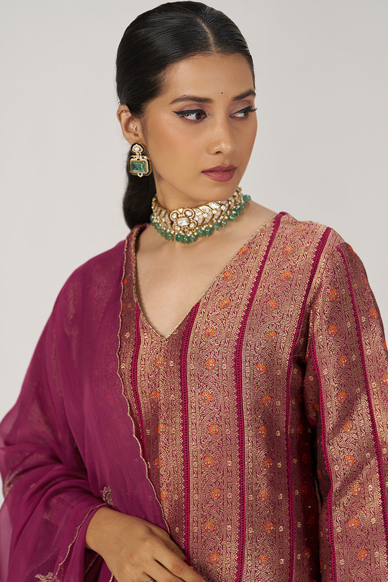 Grape Wine Pure Banarasi Festive Kurta Set