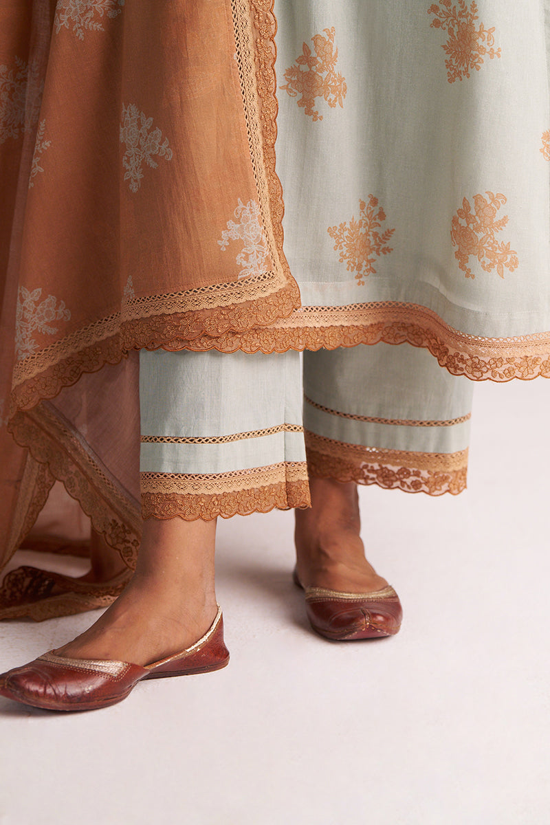 Traditional outfit with a Grey-Rust Mul Kurta Set and brown dupatta on a white background