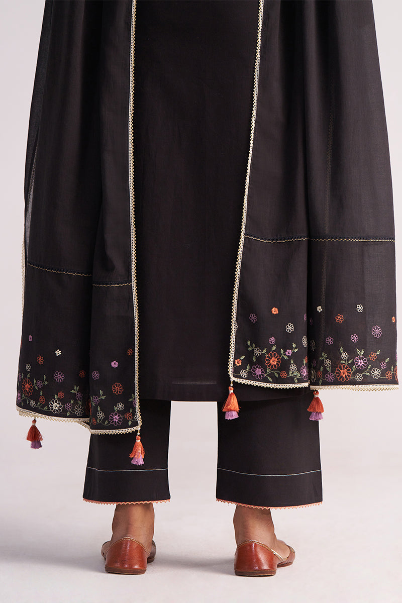 Black Embroidered Kurta Set and tassels on a white background