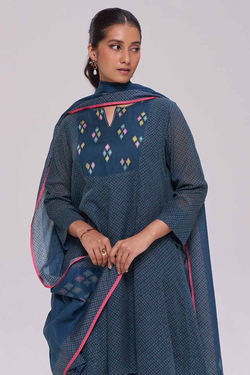 Deep Blue Printed Mul-Mul Kurta Set - Ganga Fashions