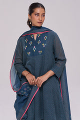 Deep Blue Printed Mul-Mul Kurta Set