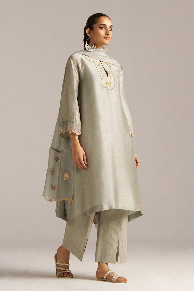 Seagrass Grey Raw Silk Festive Kurta Set