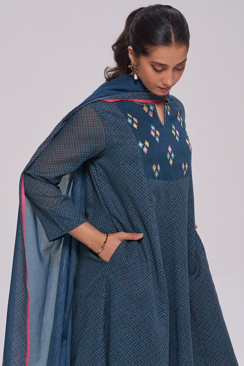 Deep Blue Printed Mul-Mul Kurta Set - Ganga Fashions