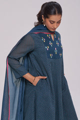 Deep Blue Printed Mul-Mul Kurta Set