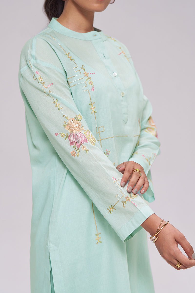 Ice-Blue Mul-Chanderi Co-ord Set - Ganga Fashions