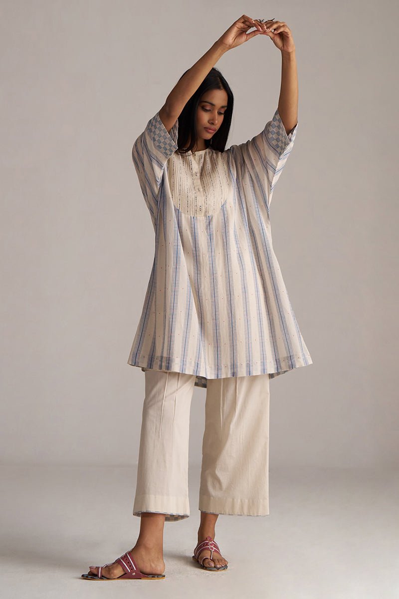Cream and Blue Mul Chanderi Co-ord Set
