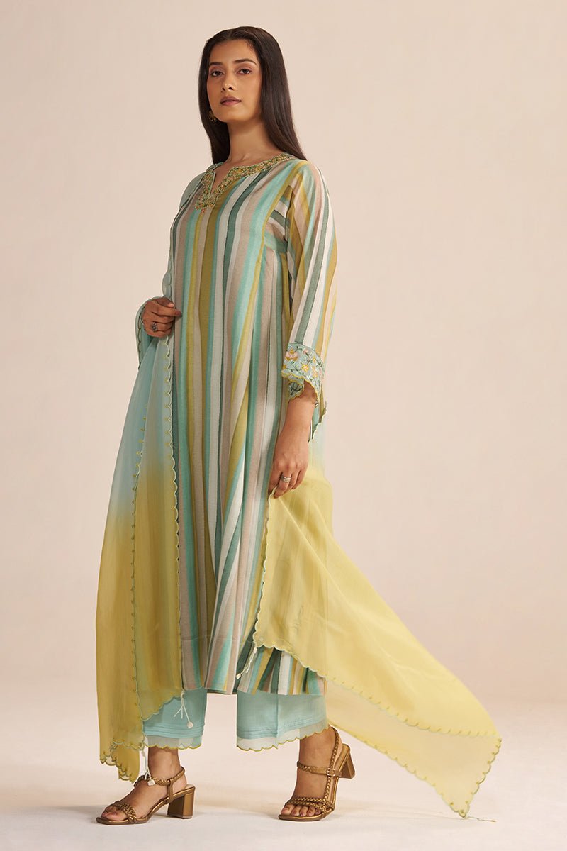Shades of Teal and Yellow Semi Festive Kurta Set - Ganga Fashions