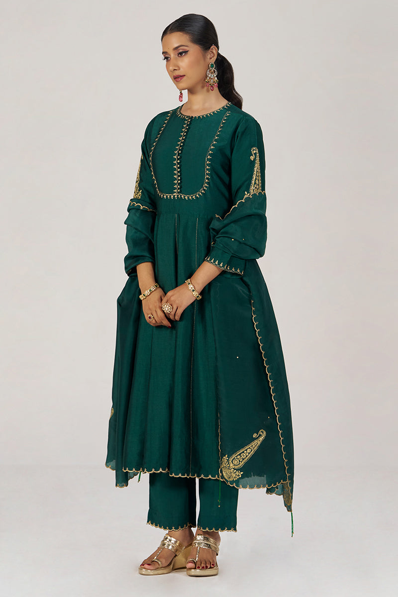 Emerald Green Raw Silk Festive Kurta Set
