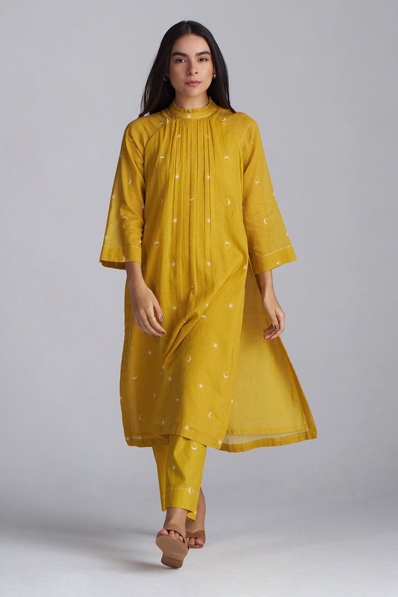 full fornt side model view Nugget Gold Yellow Mul Mul Co-ord Set for Women