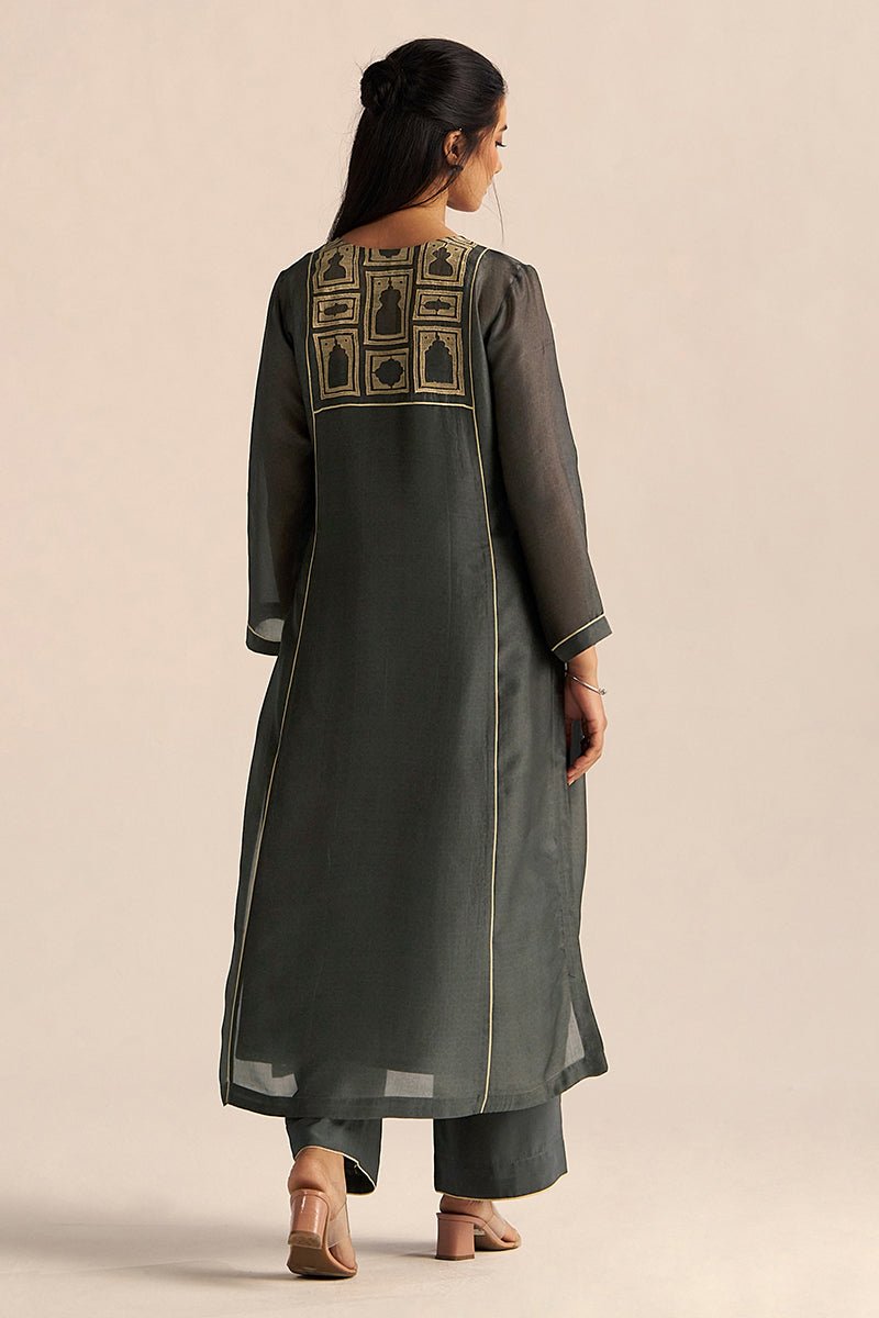 back side view Iron Grey Silk Co-ord Set with Subtle Embroidery