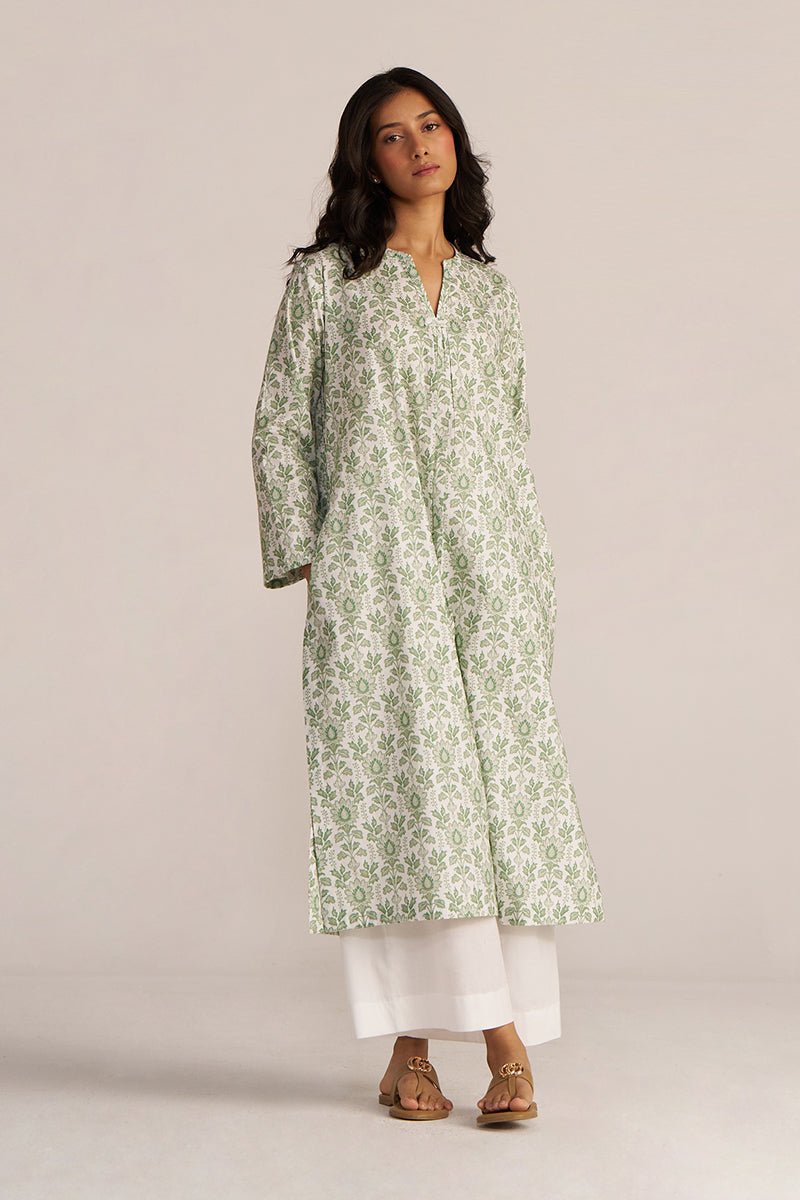 Light Grass Green and White Cotton Kurta
