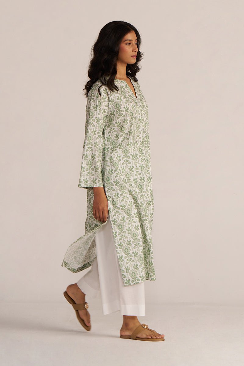 Light Grass Green and White Cotton Kurta