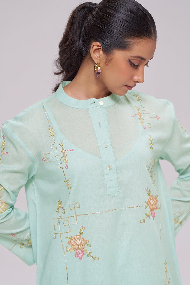 Ice-Blue Mul-Chanderi Co-ord Set - Ganga Fashions