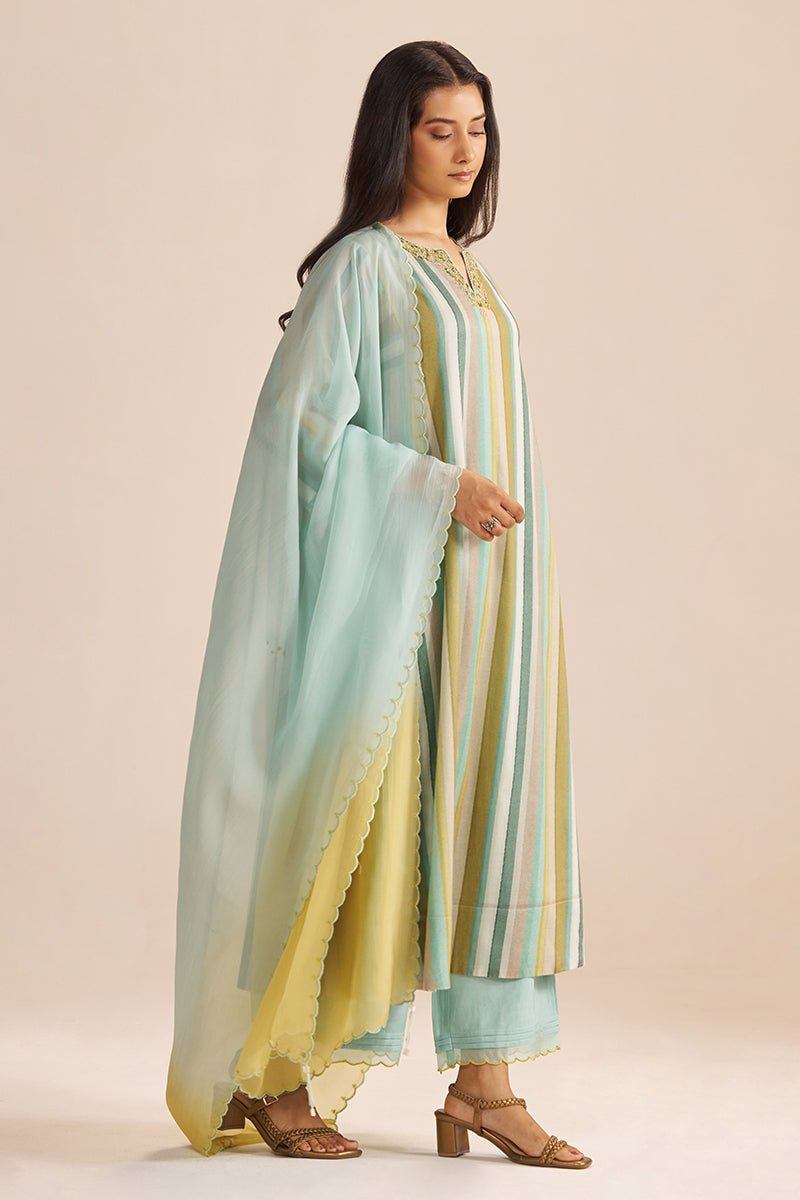 Shades of Teal and Yellow Semi Festive Kurta Set - Ganga Fashions