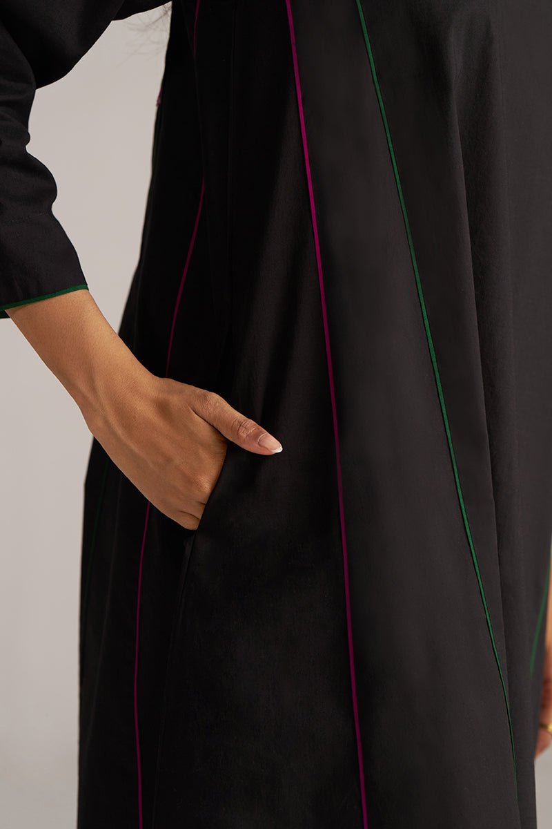 Black coat with red and green piping worn by a person on a plain background | Black Multi Colour Checkard Co Ord Set