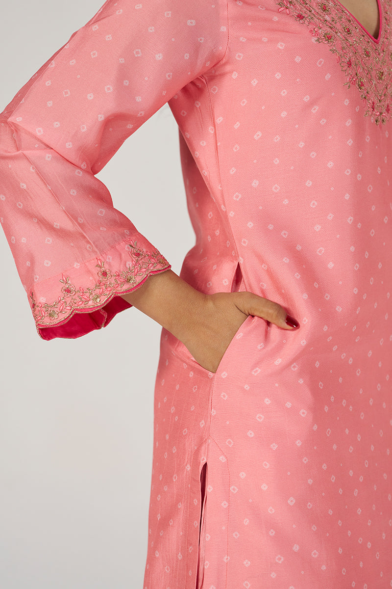 Peach Blossom Festive Bandhani Print Sharara Set