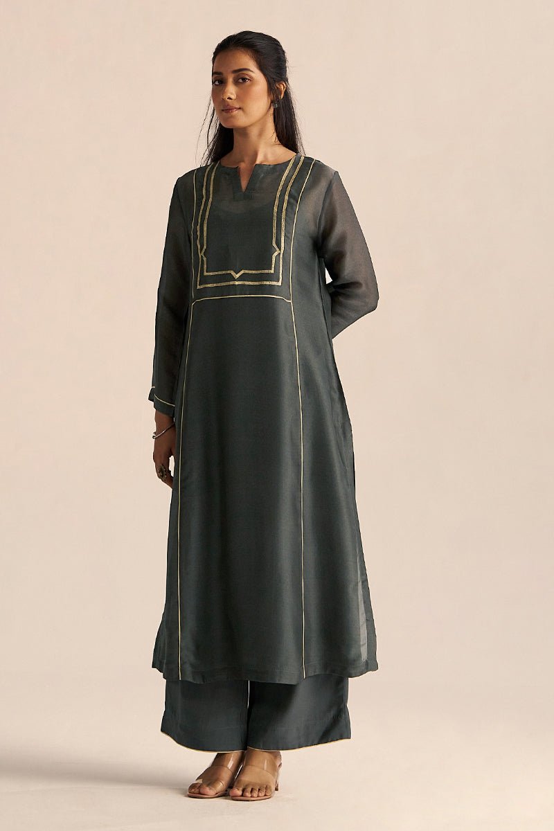 full body model view Iron Grey Silk Co-ord Set with Subtle Embroidery