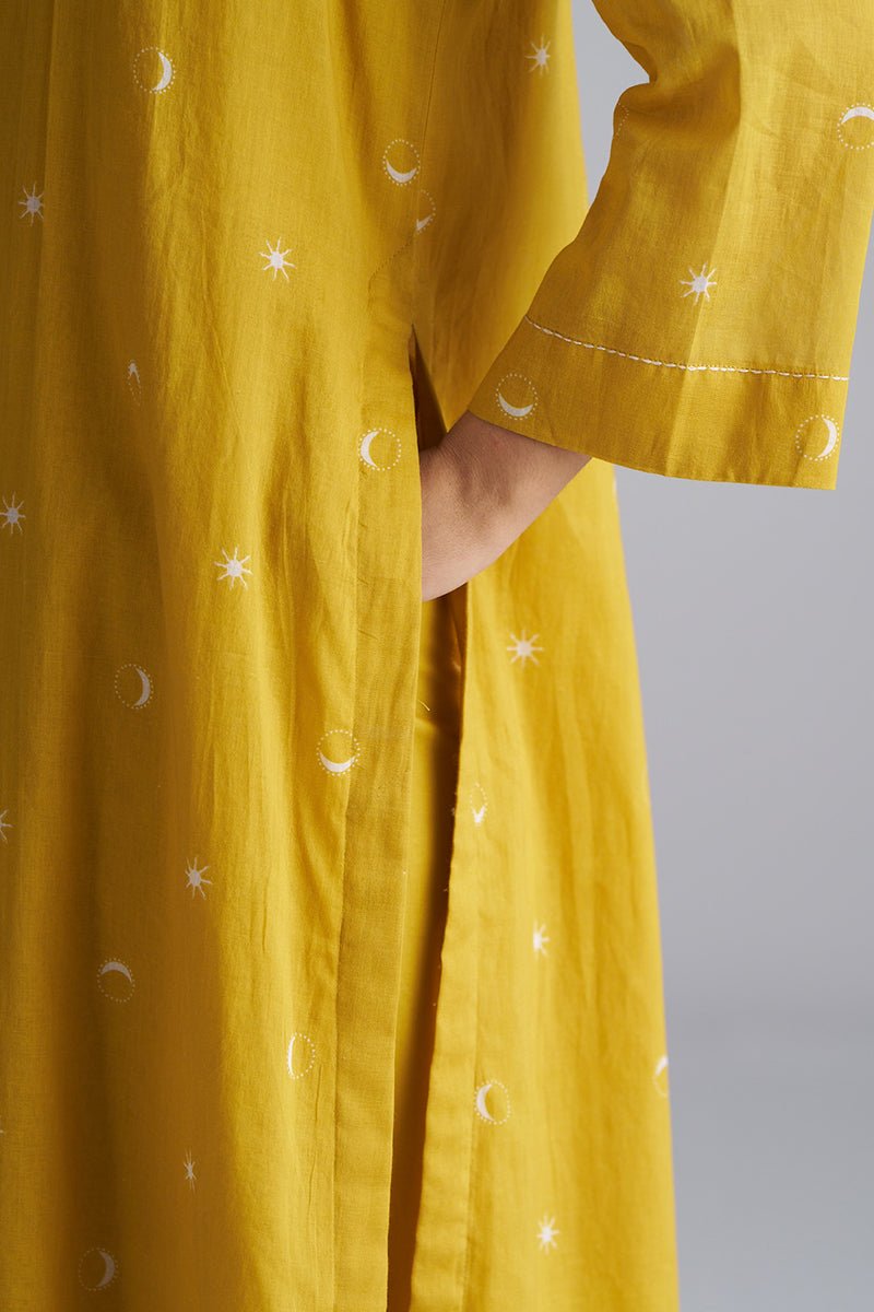 left side model pocket view Nugget Gold Yellow Mul Mul Co-ord Set for Women