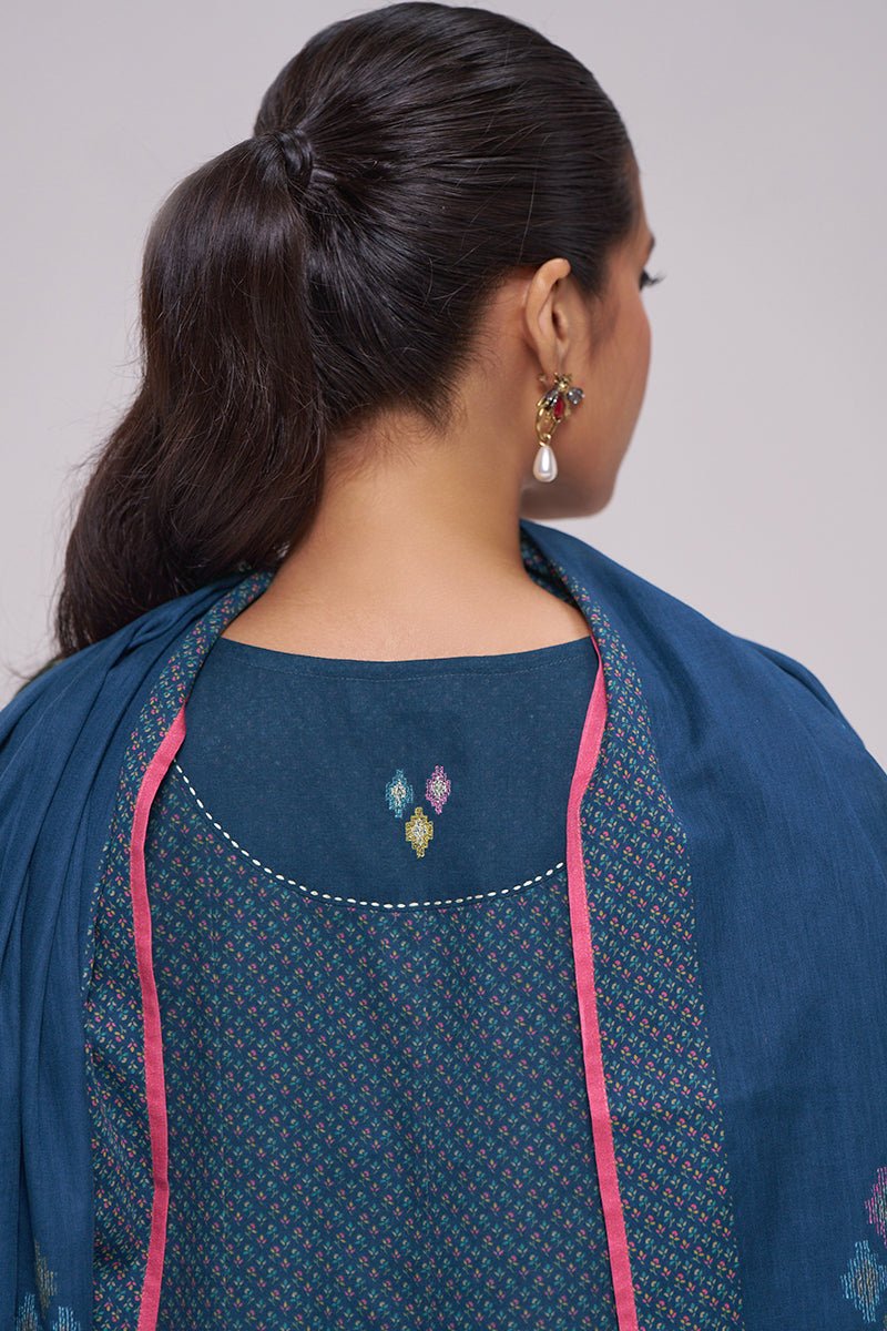Deep Blue Printed Mul-Mul Kurta Set - Ganga Fashions