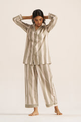 Moss Grey and Ivory Bold Striped Pure Cotton Nightwear